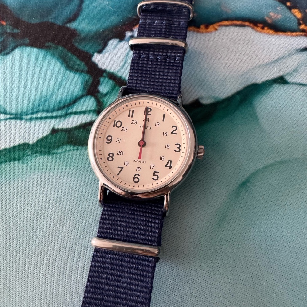 Timex Silver Case Watch with Navy Strap